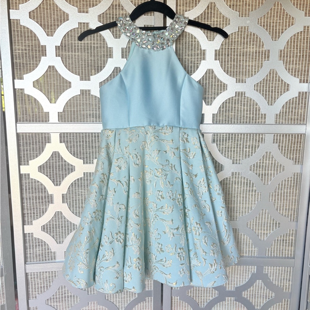 Girls Blue Sleeveless Halter Fit and Flare Dress